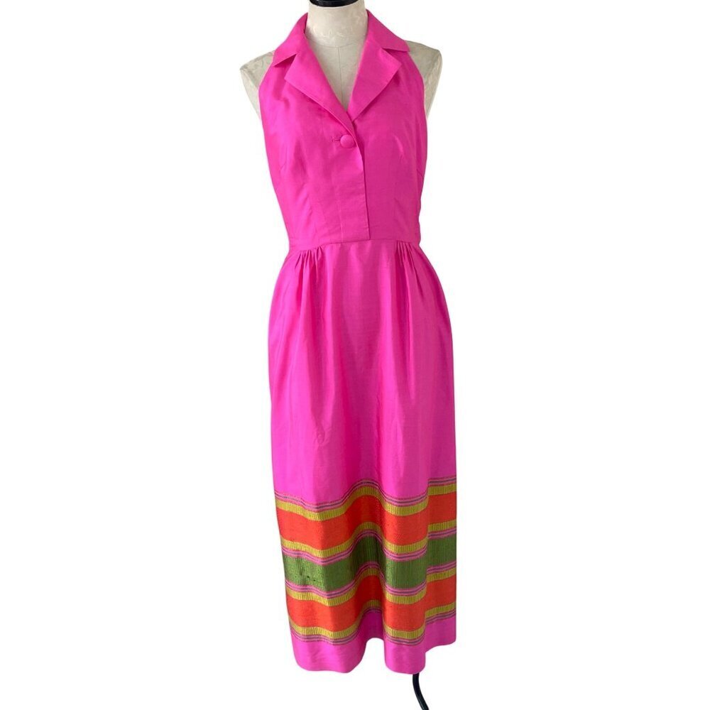 Vintage Womens Dress Size Small Pink Handmade Halter Maxi Pleated Casual Silk